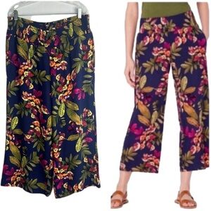 NEW J. Jill Smocked Rayon Pull On Pants Wide Leg High Rise Floral Size L Cropped